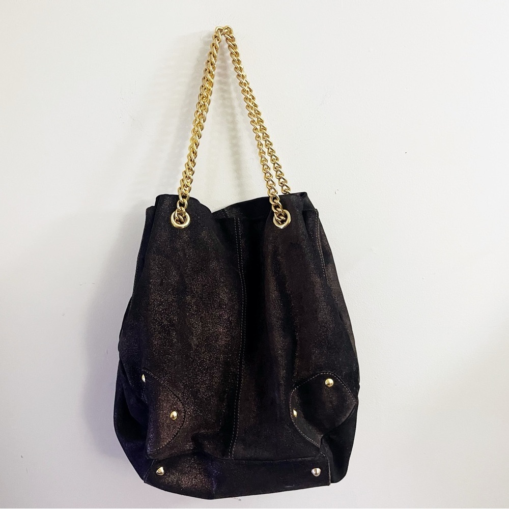 Maurizio Taiuti Brown Suede Shoulder Bag with Gold Chain Chic Classy Minimalist - Picture 2 of 13